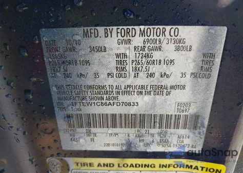 2010 Ford F-150 Fx2 Sport/Xl/Xlt z USA, uszkodzony, nr VIN 1FTEW1C86AFD70833